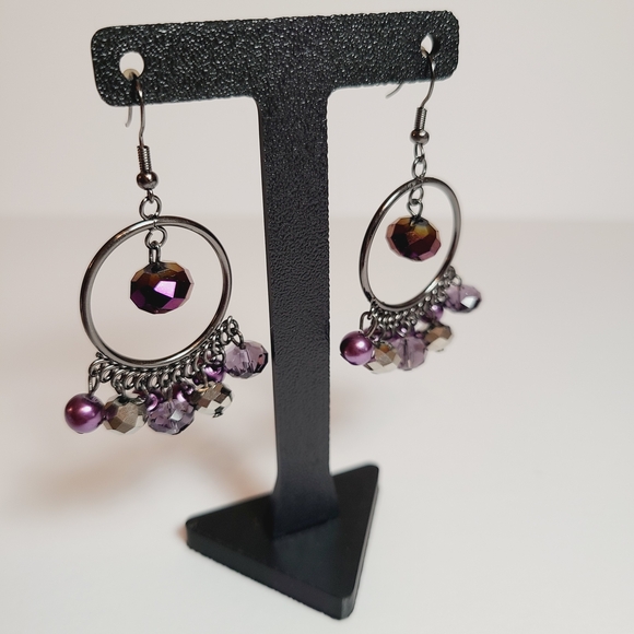 Jewelry - Purple & Gunmetal Beaded Hoop Dangle Earrings – Statement Boho Glam